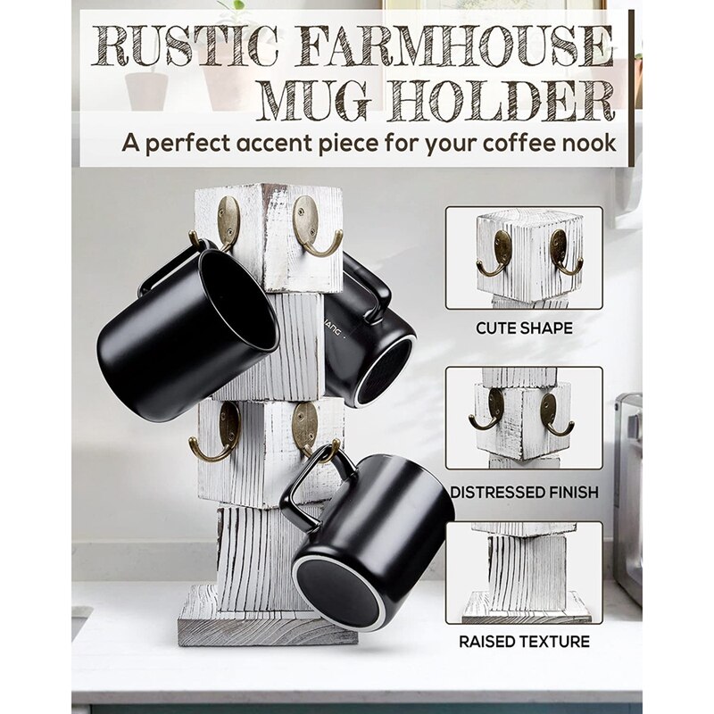 Coffee Cup Holder, Rustic Solid Wood Mug Tree, Farmhouse Wooden Coffee Cup Holder, Old Mug Holder