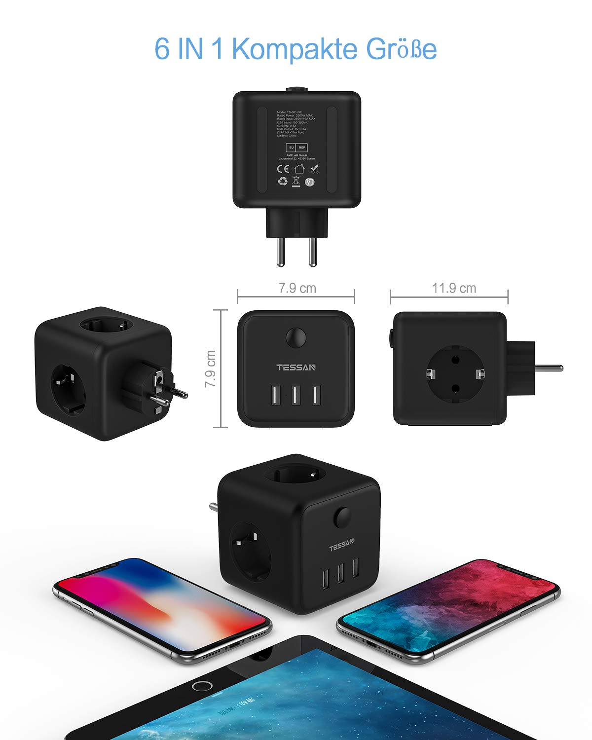 TESSAN – multiprise murale ue, avec 3 prises ca, 3 Ports USB et interrupteur marche/arrêt, 100-250V, adaptateur de Charge pour le bureau