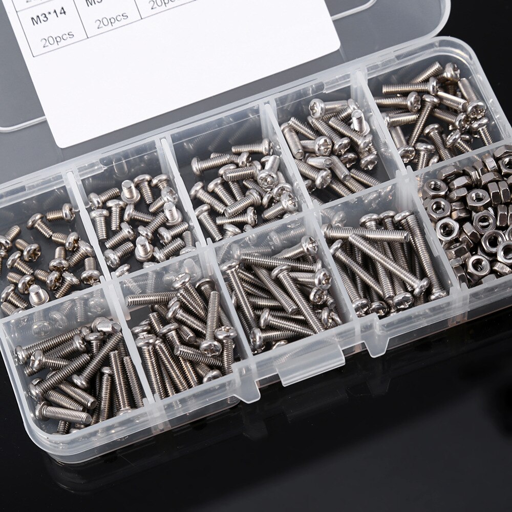 340pcs/Set M3 Stainless Steel Screws and Nuts Assortment Kit Set Pan Head Screw Bolt Set Furniture Connection