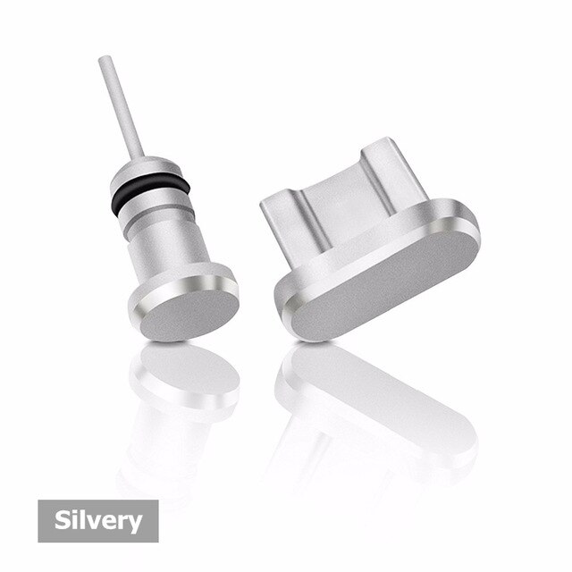 Puerto de carga de Metal + auricular de 3,5mm, reemplazo de enchufe antipolvo para Android, iPhone, teléfono móvil tipo C, 2 uds.: silvery