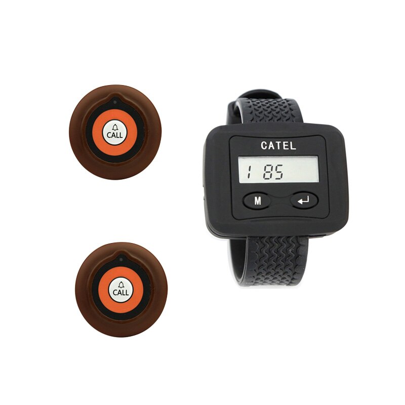 Wireless Calling System 1 Wrist Watches Receiver Black +2 Ultrathin Call Buttons Pager White Brown For Restaurant