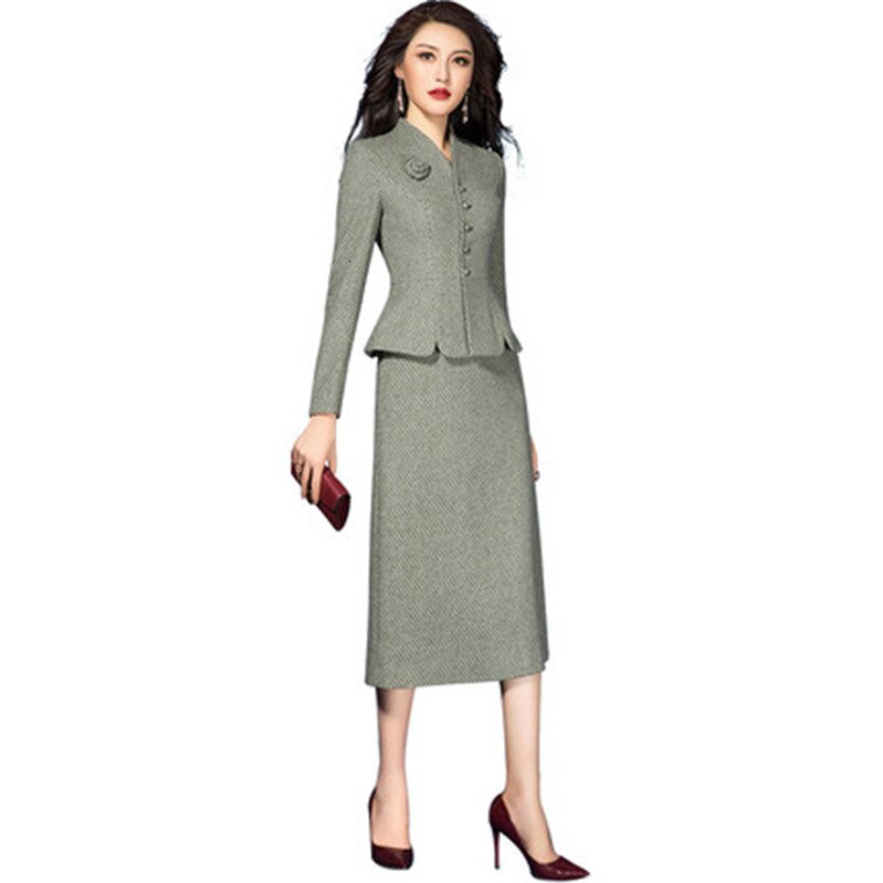 Otoño Invierno lana mujer traje ropa 2 dos piezas conjunto de manga larga Vintage chaqueta vestido Offce trabajo de dama femenina