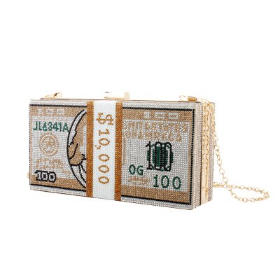 Kvinder daglige clutch taske retro rhinestone dollar mønster boks poser kæde skuldertaske tote damer håndtaske crossbody taske: Guld