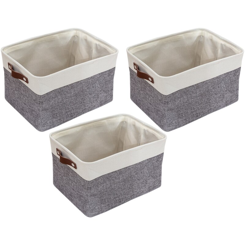 3 Pack Foldable Storage Bin Rugged Canvas Fabric Cube Container with Handles Great for Organizing Closets: white light gray