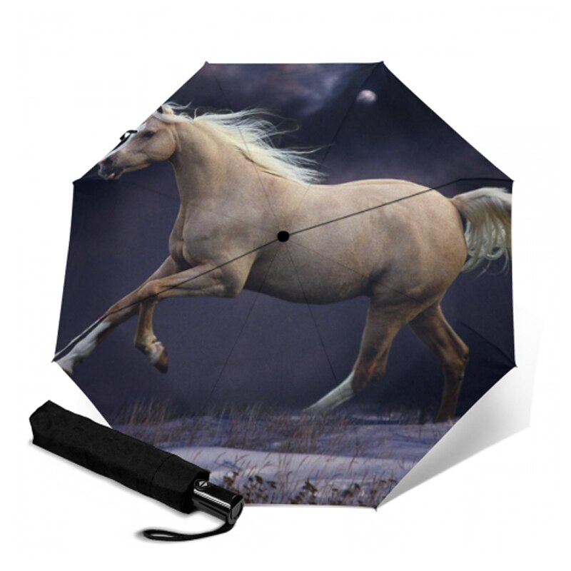 Anti uv drie opvouwbare witte paardenpatroon paraplu dieren schilderij pongee zonnige en regenachtige paraplu's mannen en vrouwen kunstparasol: Ysa 1494