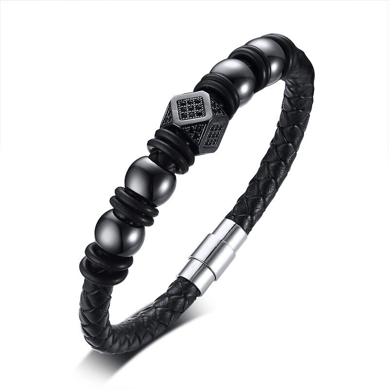 Stylish Mem Jewelry Rose Gold Tone Beaded and Black CZ Modern Mens Braided Leather Bracelet: BLACK