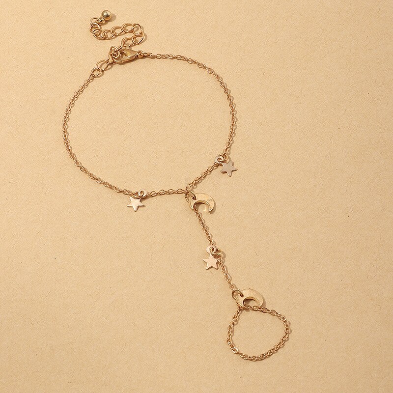 Simpelt stjerne måne vedhæng kæde armbånd trendy udsøgt forbundne fingerarmbånd søde håndtilbehør til piger