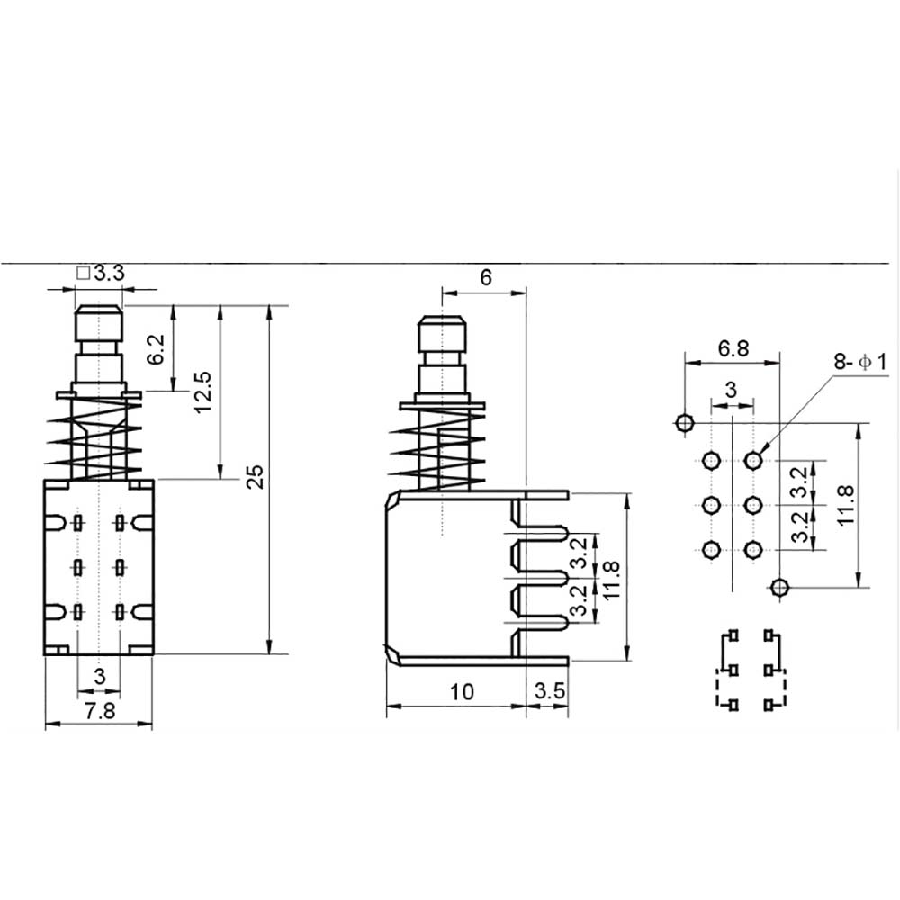 PS-22F03 Right Angle PCB Latching Push Button Switch with Cap DPDT Double Pole Self/No-Locking Key Power Switches 6Pin A03