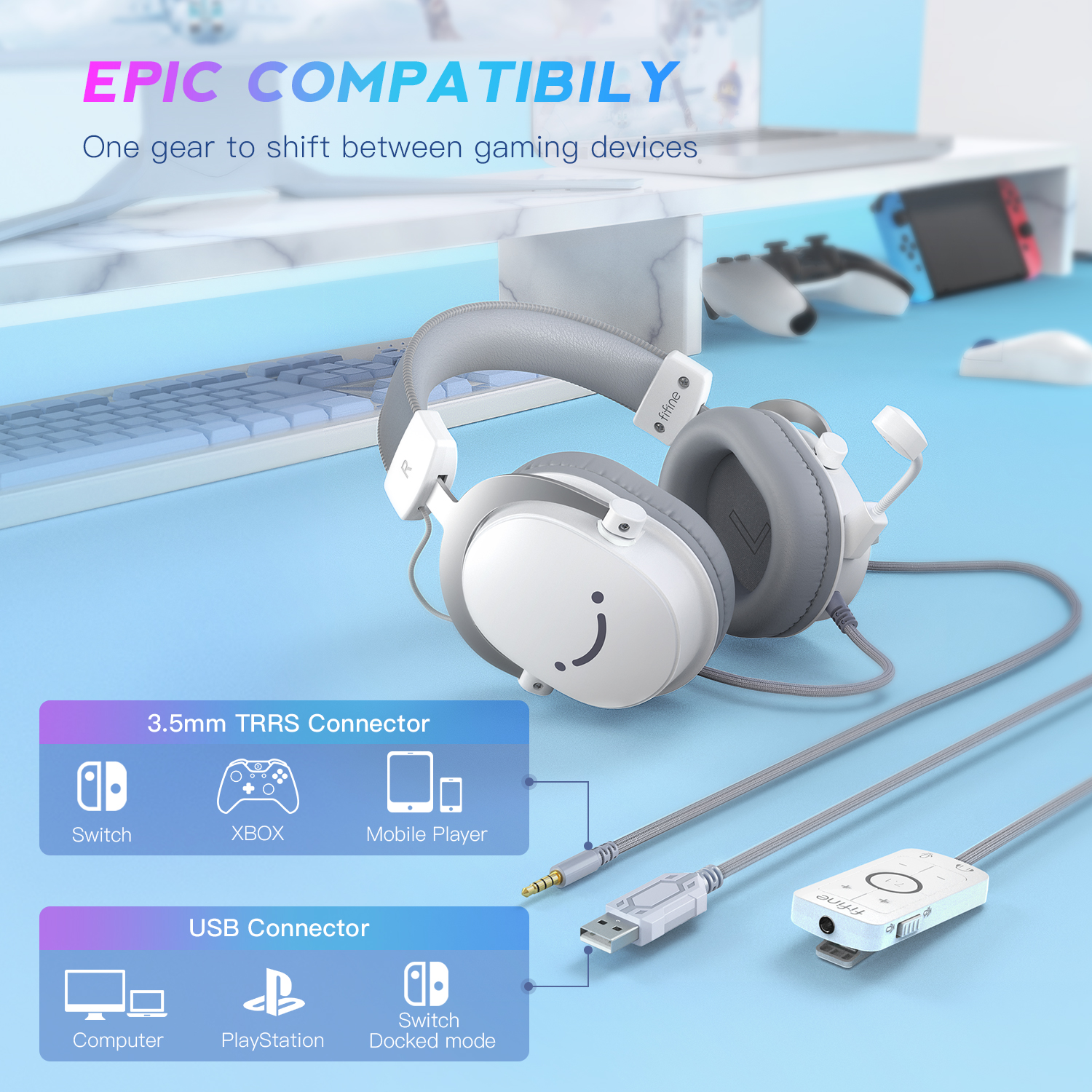 Zestaw słuchawkowy FIFINE USB do gier z dźwiękiem przestrzennym 7.1/gniazdem 3,5 mm/mikrofonem, przewodowe słuchawki nauszne do komputera PC PS4/5 Xbox Ampligame H9W