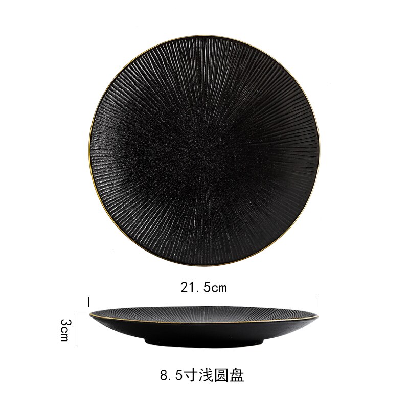 Western Food Plate Steak Tray Set Home Ceramic Dinner Plate Black Cutlery Kitchenware Restaurant Decorative Bowl European Style: 21.5x3cm