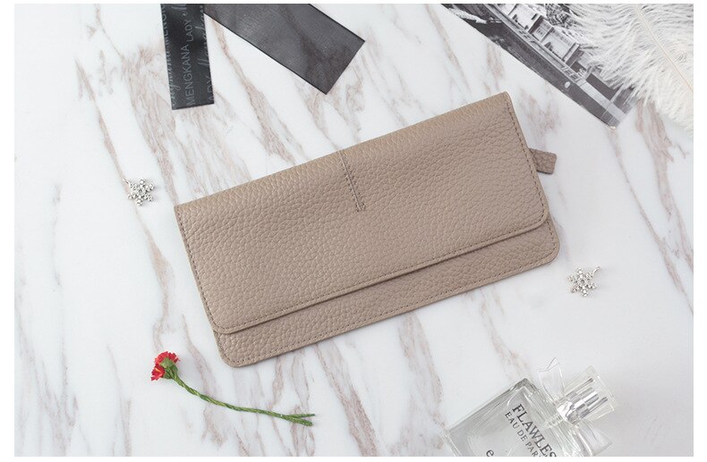 Ladies simple flat card holder wallet Genuine Cow Leather long wallet for women Simple classic couple Leather Wallet: NUDE Long