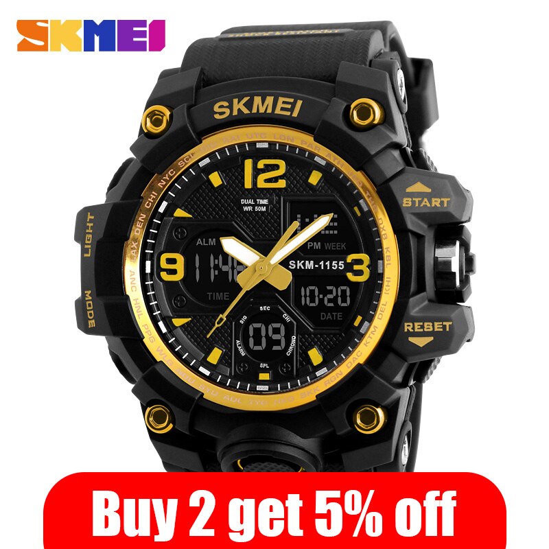 Skmei luminous dual display herre sportsure mandlige quartz armbåndsur stopur automatisk dato alarm elektronisk ur 1155b farve