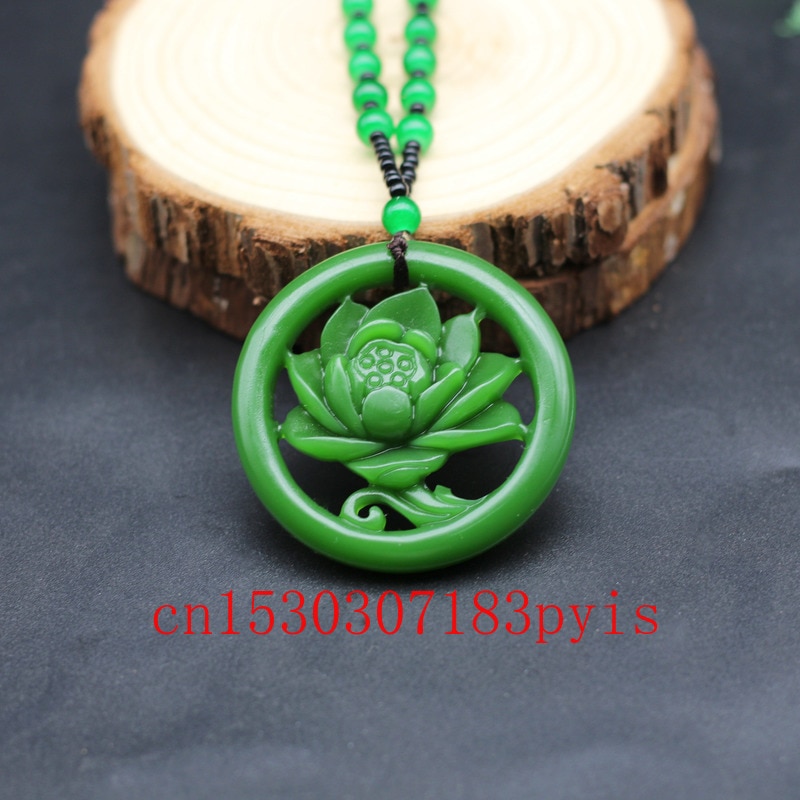 Natural Green Jade Flower Pendant Necklace Chinese Double-sided Hollow Carved Charm Jewelry Amulet for Men Women