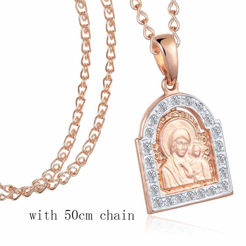 FJ 3 Estilo 2 colores mujeres tradicionales Unisex 585 Color oro rosa cristal cuadrado icono madre hijo de Dios colgantes collar opcional: PN0140 50cm chain