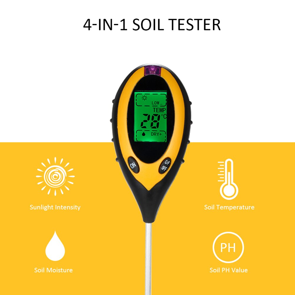 Testeur numérique de PH de sol 4 en 1, outil de jardin, mesure de l'humidité et de l'acidité, moniteur de température et de lumière du soleil