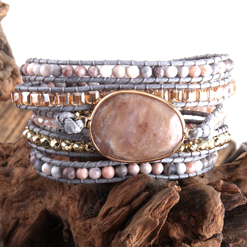 RH Neue Boho Armband Vegan Schnur Natürliche Steine Charm 5 Stränge Woven Wrap Armbänder