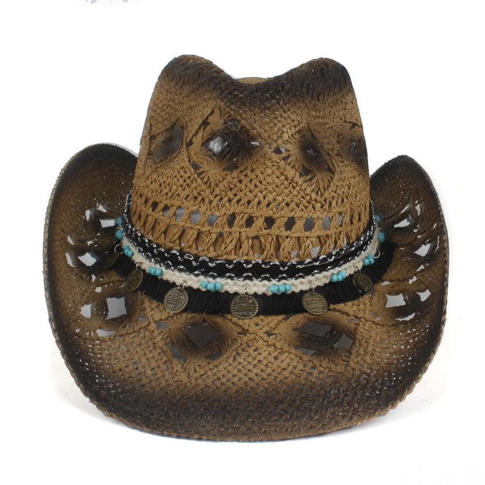 Håndlavet bohemia kvast kvindelig halm hule vestlige cowboy hat dame sombrero hombre strand cowgirl jazz sol hat størrelse 56-58cm