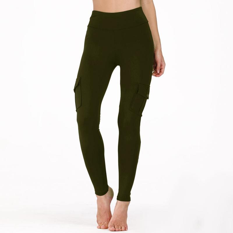 Sorte løbtights kvinder lomme sport leggings høj talje elastisk træning yoga kompression bukser skubbe åndbare bukser op: Militærgrøn / S