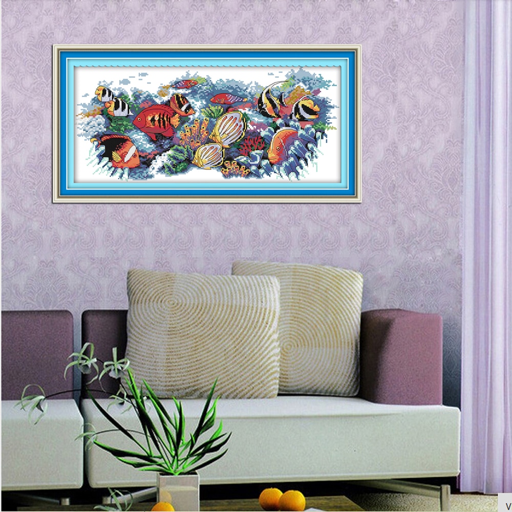 Joy Sunday Needlework DIY Cross Stitch Set for Embroidery Kits Printed Tropical Fish Factory Counted Cross-Stitching