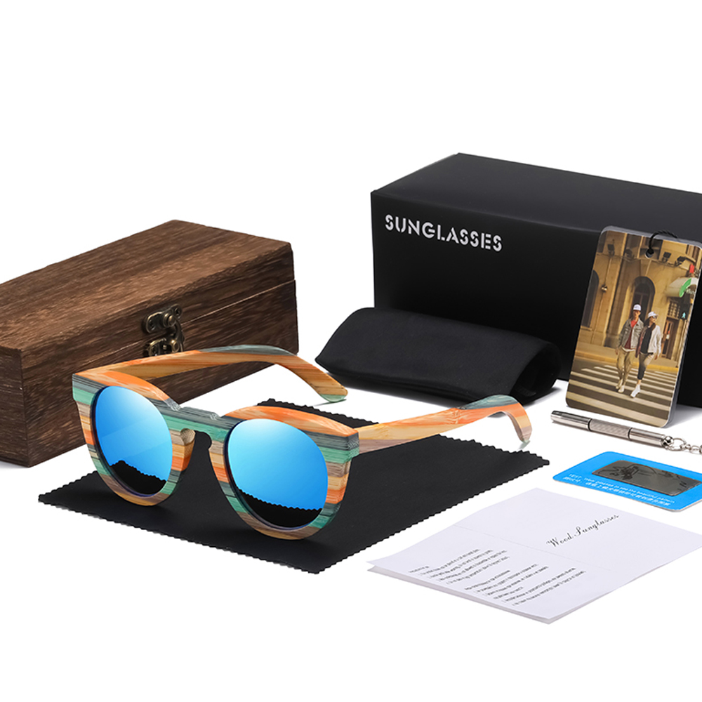 Gm Kleur Bamboe Ovale Zonnebril Hout Gepolariseerde Zonnebril Mannen Vrouwen Mode Bril UV400 Bescherming Eyewear Houten Vierkante Doos: Blauw