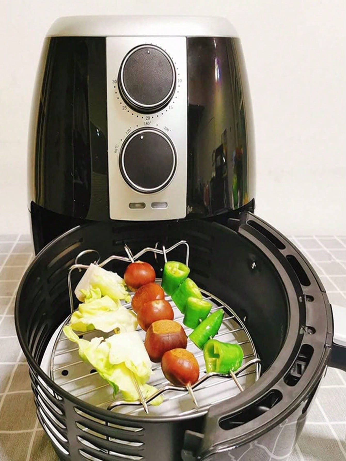 1pc Multifunctional Stainless Steel Double Layer Barbecue Box Air Fryer Cookware Rack Grill Accessories Circular Baking Tray BBQ