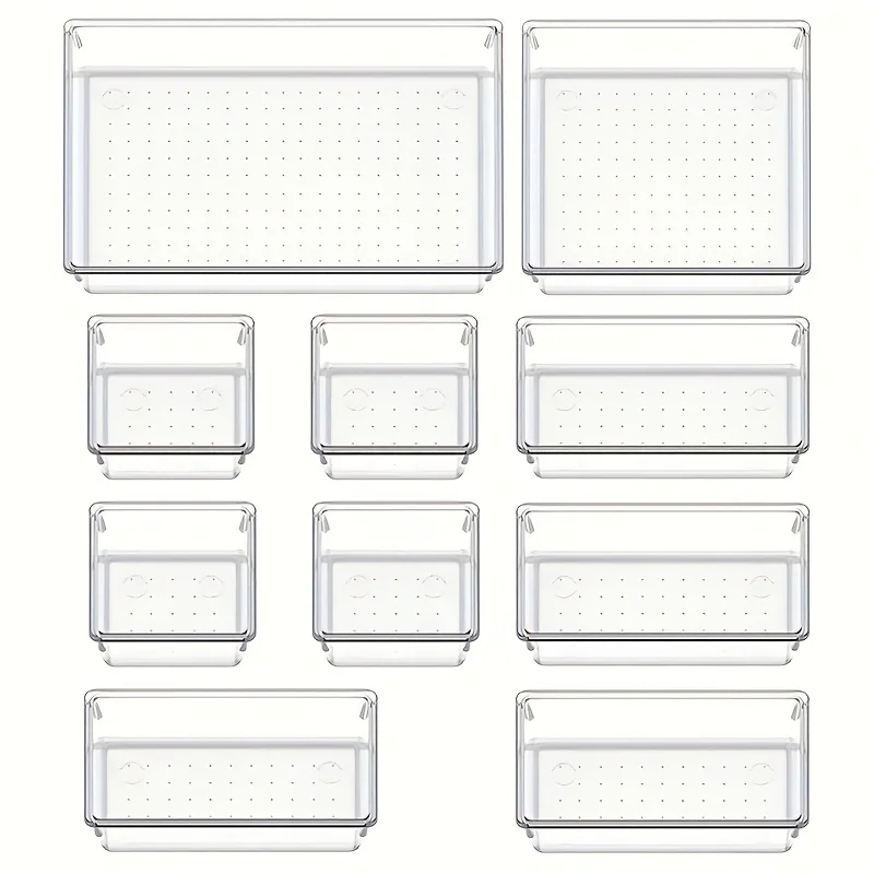 10-delige veelzijdige lade-organizerset - doorzichtige plastic dienbladen en verdelers in 4 maten voor perfecte make-up en keukenopslag: WHITE