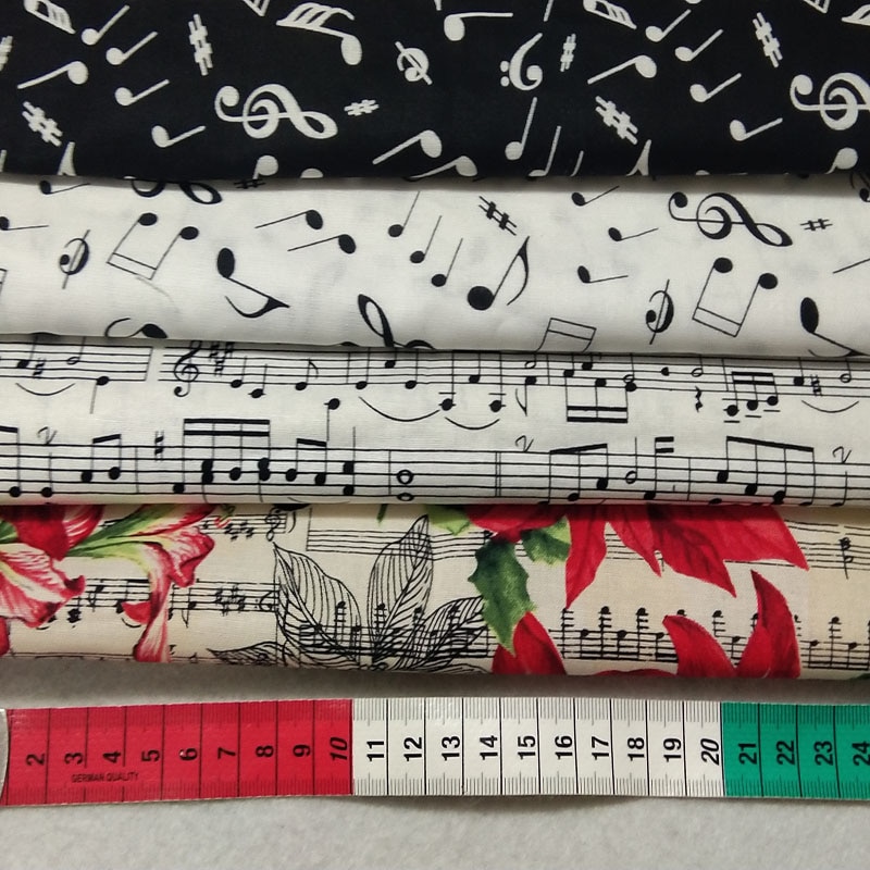 25X24Cm 4 Stuks Zwart Wit Music Note & Kerst Muzieknoot Vogel Gedrukt Katoen Stof Bundel Kleine maat Diy Naaien Patchwork