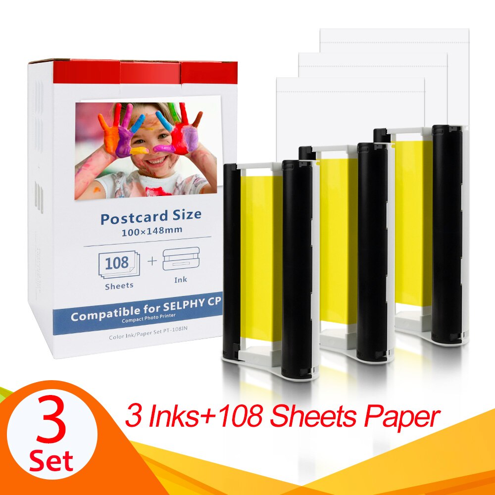 6 Inch KP 108IN KP-36IN Ink Paper Set For Canon Selphy CP1300 Ink Cartridge For Canon Selphy CP1200 CP910 CP900 Photo Printer: 3 ink 108 Papers