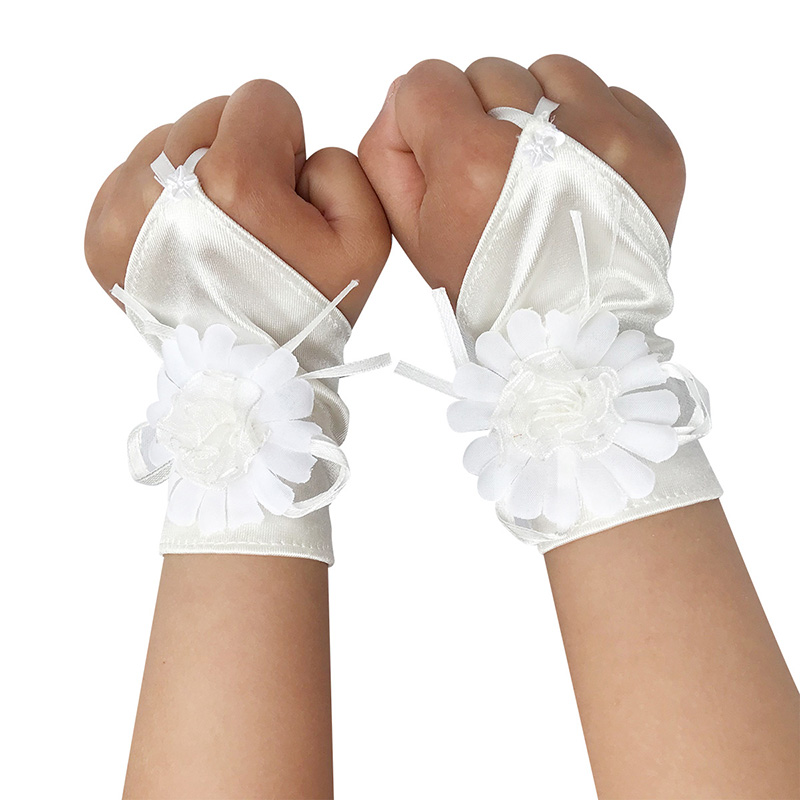 Meninas branco fingerless cetim pérola acentuado comunhão flor menina luvas comunhão santa noite traje festa ocasião especial: Milk white flower