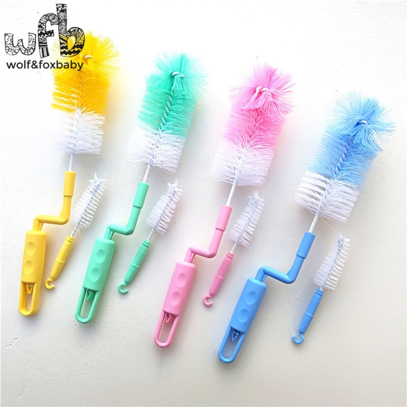 Retail One Big+One Small 2 Pieces/lot Hand Baby Bottle Brushes Clean Brushes For Kids 360 rotate Plastic Nylon Steel