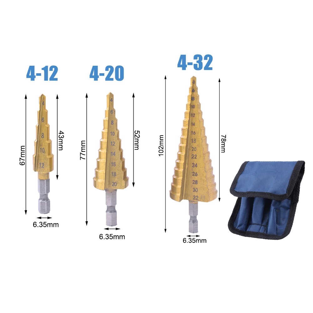 DIZAINLIFE HSS Cobalt Twist Step Drill Bit Set Cone Pagoda Shape Wood Metal Hole Cutter Drilling Titanium Coated Core Drill Bit: 3 PCS With Bag B