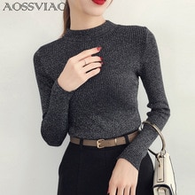 Suéter de lurex brillante para otoño e invierno, jersey de manga larga para mujer, suéteres básicos de cuello alto, tops de punto de estilo coreano para mujer