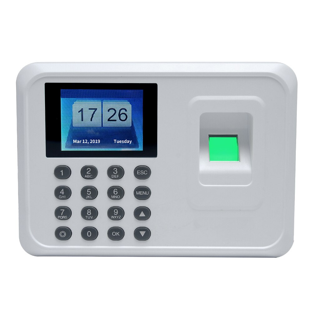 A5 2.4in biometrisk fingeraftryk tid tilstedeværelse system ur optager kontor tft optageenhed elektronisk maskine: Hvid