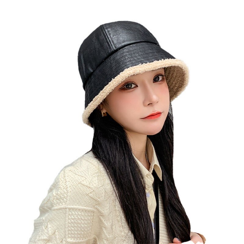 Faux pu skinn bøttehatt kvinner vinter varm lam kashmir flat utendørs fiskehetter uformelt dame panama fiskerhatter