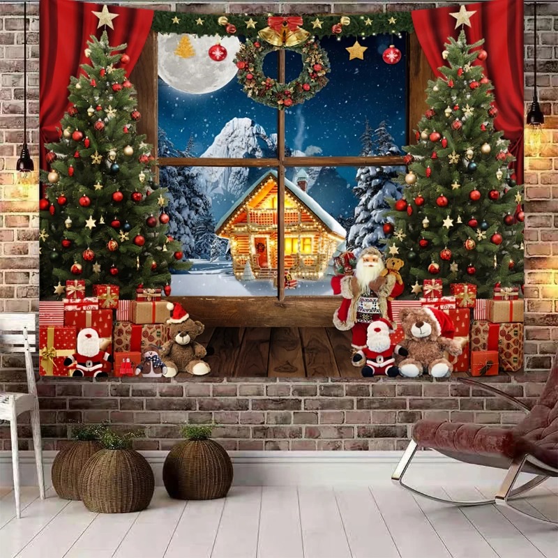 1 tapiz de Navidad árbol paisaje nevado ventana tapiz evento fotografía fondo tela dormitorio sala de estar 180X320CM