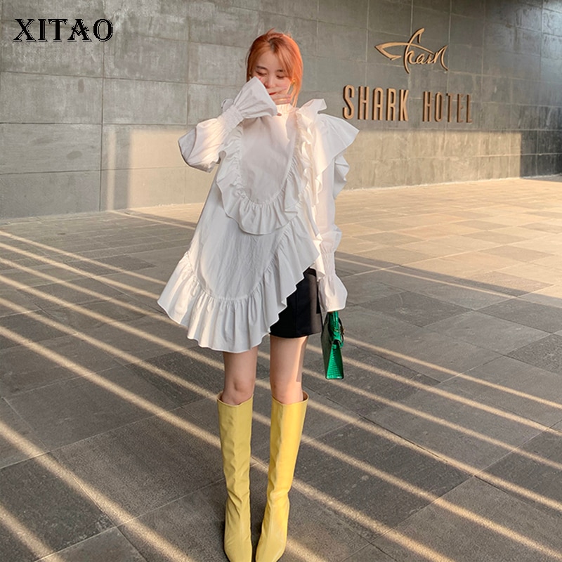 XITAO-chemisier à manches longues femme, vêtement minoritaire blanc, ample, grande taille, à manches évasées DZL1934