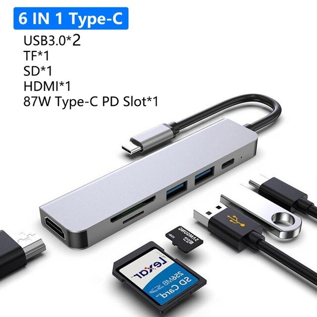 USB 3.1 Type-C Hub To HD Adapter 4K Thunderbolt 3 USB C Hub with Hub 3.0 TF SD Reader Slot PD for MacBook Pro/Air/Huawei Mate: 6 IN 1HUB TYPE 1