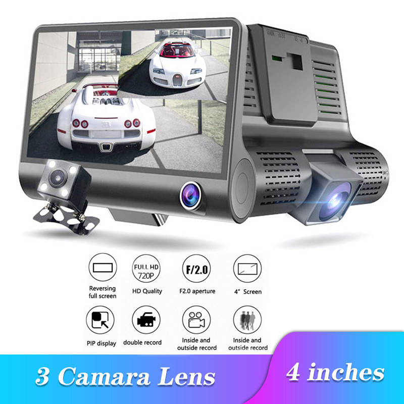 4.0 tommer fuld  hd 1080p bil dvr 3 kamera dual lens rearview video camera recorder auto registrator night vision dash cam
