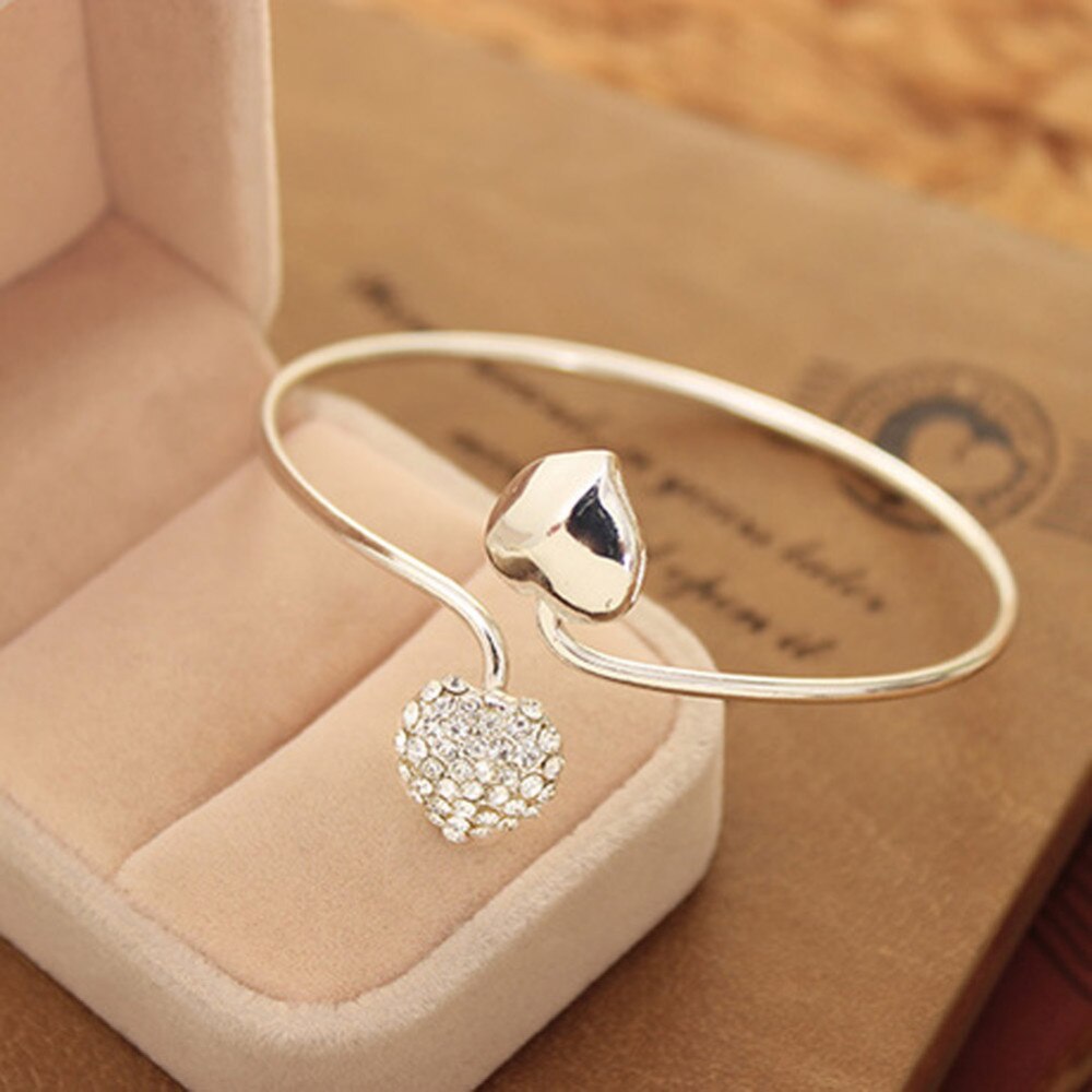 Gold Silver Color Open Bangles for Women Double Heart Crystal Rhinestone Cuff Bracelet Charm Jewelry Adjustable