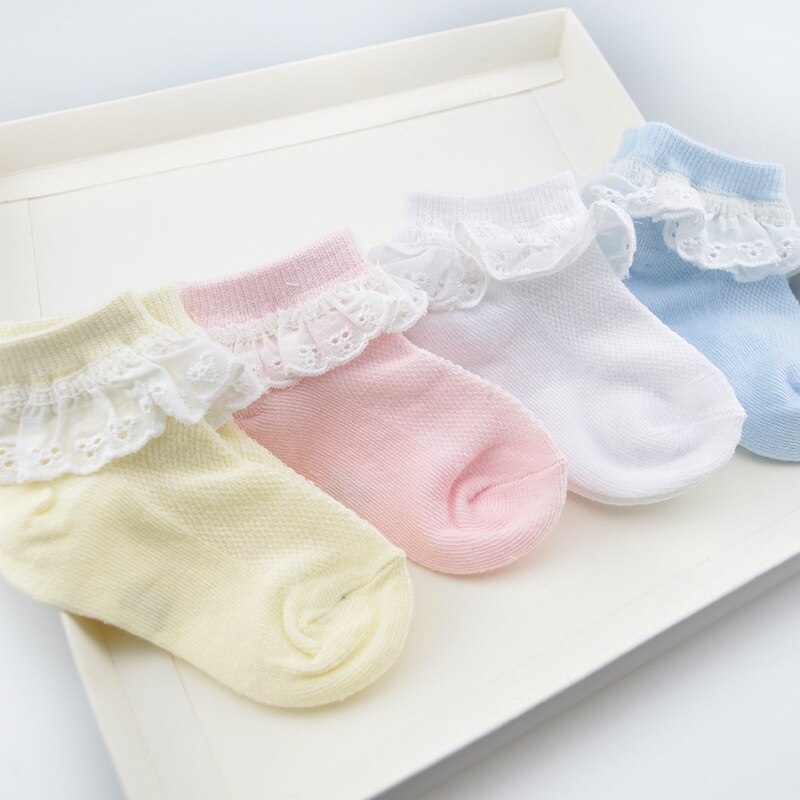 4 paris / parti babysokker nyfødt spædbarn pige sok bomuld toddler børn prinsesse blonder blomster flæse ankel korte mesh sokker 0-12 år: 0-1 år gammel