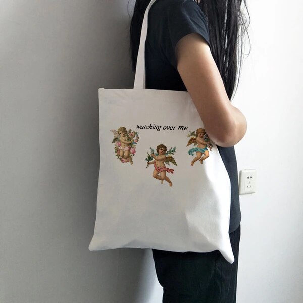 YOU CAN'T SIT WITH US Vintage Harajuku Angel Female College Canvas Shoulder Bag Casual Large Capacity White Totes