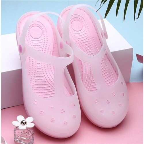 Droshipping nuevas sandalias gruesas de gran tamaño de Color caramelo para mujer zapatos antideslizantes con agujeros antideslizantes zapatos planos de playa y jardín: Rojo rosado / 8.5