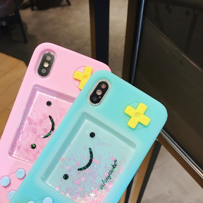 Leuke Smiley Game Machine Dynamische Liquid Quicksand Siliconen Voor iphone case Voor iphone Xs Xr 7 8 Plus game machine telefoon Cover