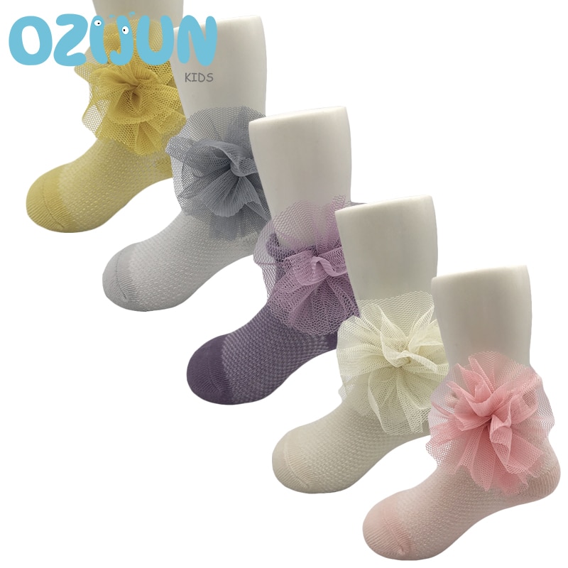 5 pares/lote bebê meninas 0-12 m costura à mão grande flor decorado verão algodão malha meias curtas recém-nascidos infantil tobbler