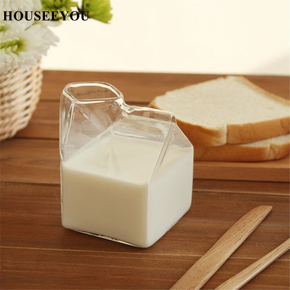 HOUSEEYOU 350ML Milk Box Shaped Glass Cup Coffee Cups Mug Juice Drinking Bottle Clear Glass Home Bar Restaurant Tools