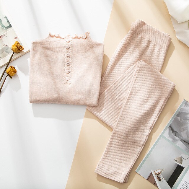 Ensfarget varm lange underbukser dame vinterklær høyhalset genser enspent volanger slankt termisk undertøysett til kvinner