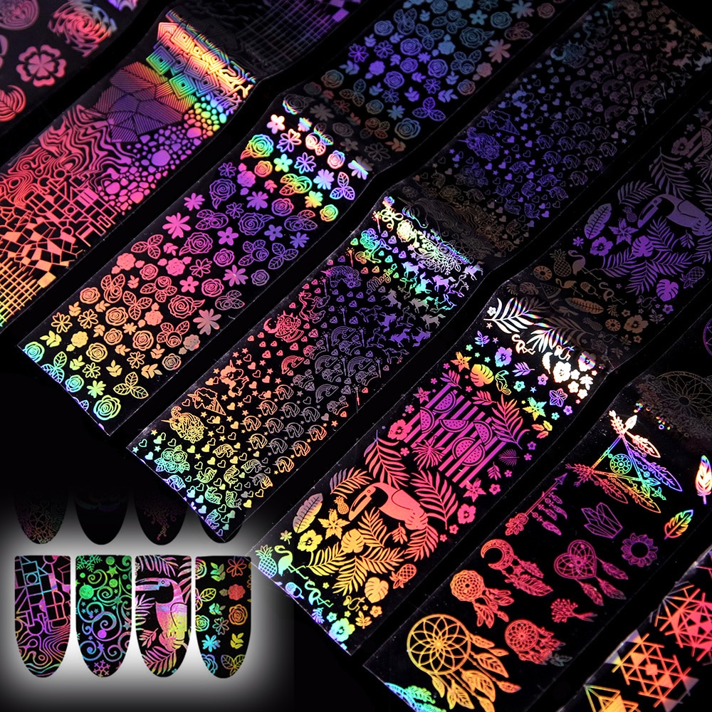 8 stks/set Holografische Gradiënt Nail Folie Dreamcatcher Geometrie Rose Bloem Marmer Nail Art Transfer Sticker DIY Manicure Decors