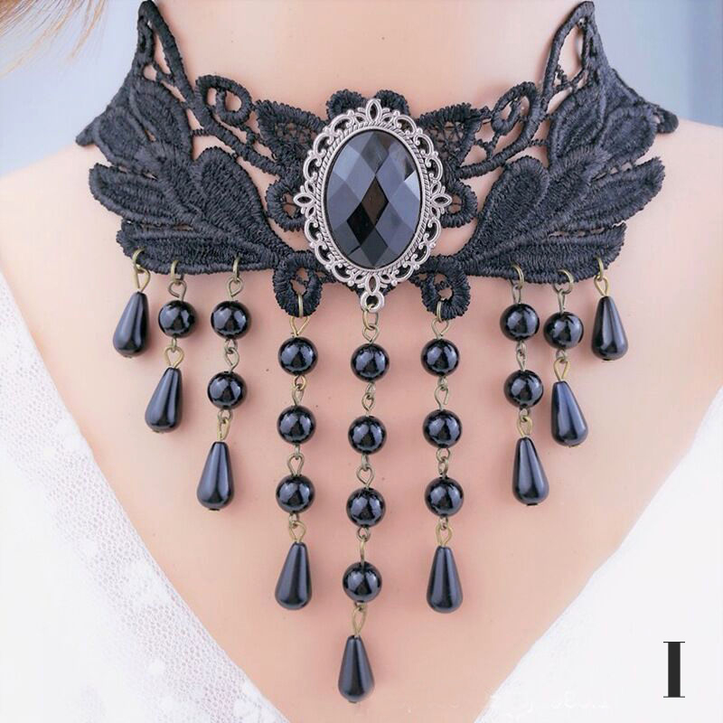 Gargantilha de renda tatuagem gótica clássica para mulheres, pingente de cristal preto, colares, joias boho, presente de Natal vintage: CINZA