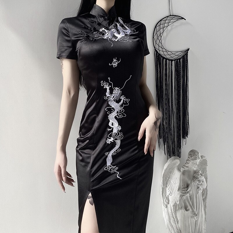 Harajuku japonés estilo Cheongsam Retro Mujer Vestidos góticos chino tradicional Bordado de dragón Qipao Split Suede vestido Delgado: black1 / M