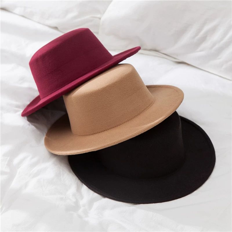 Women&#39;s Fedoras Hats Classic Solid Color Felt Vintage Wide Brim Simple Church Derby Flat Top Hat